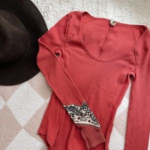 Free People Bandana Cuff Thermal Waffle Knit Top Scoop Neck Pink Size X-Small